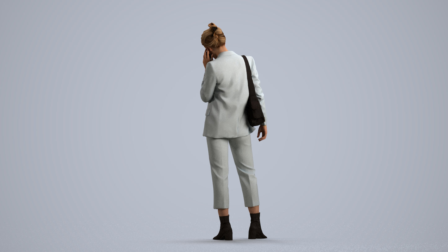 3D human model woman business standing, photogrammetry scanned person for archviz, front view render