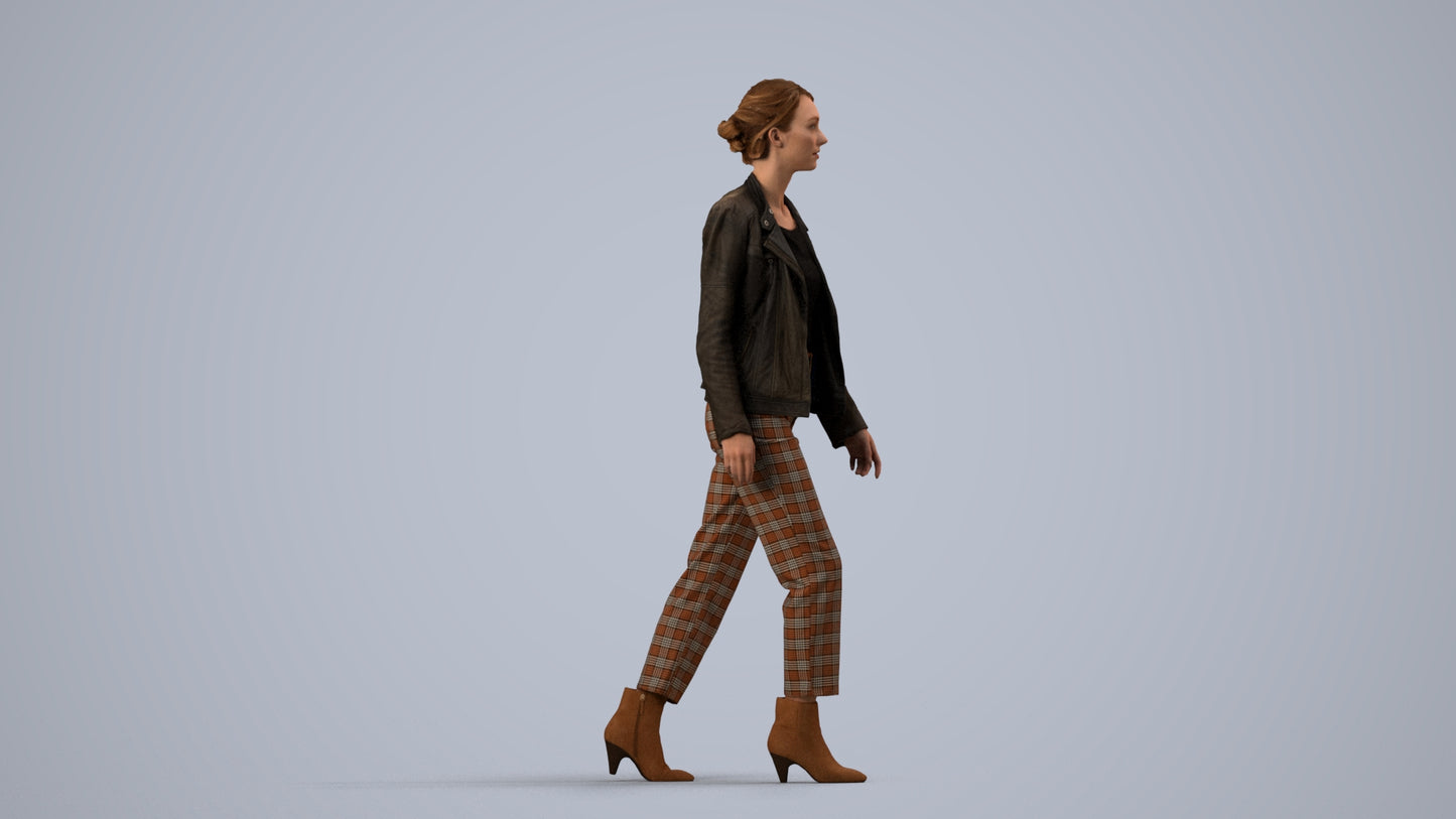 3D scanned woman walking business, photorealistic archviz people for Enscape and SketchUp, side view render