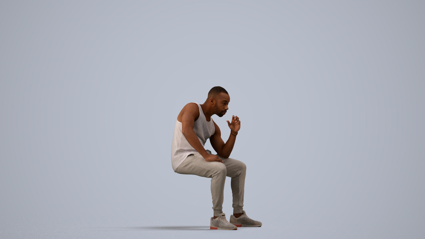 3D human model man casual sitting, photogrammetry scanned person for archviz, side view render