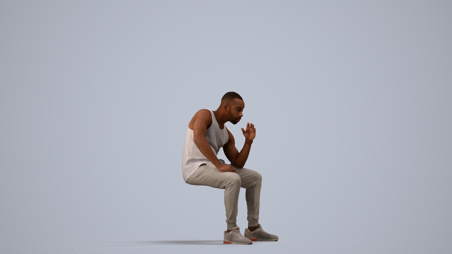 3D human model man casual sitting, photogrammetry scanned person for archviz, side view render