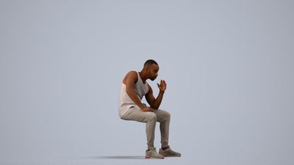 3D human model man casual sitting, photogrammetry scanned person for archviz, side view render
