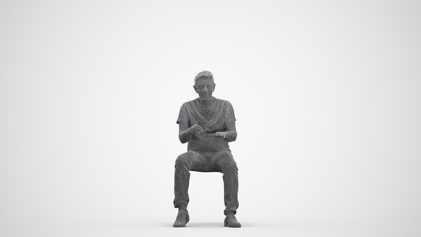 realistic 3D human senior man casual sitting, archviz people FBX OBJ for Blender, three-quarter front view render