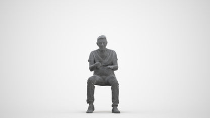 realistic 3D human senior man casual sitting, archviz people FBX OBJ for Blender, three-quarter front view render