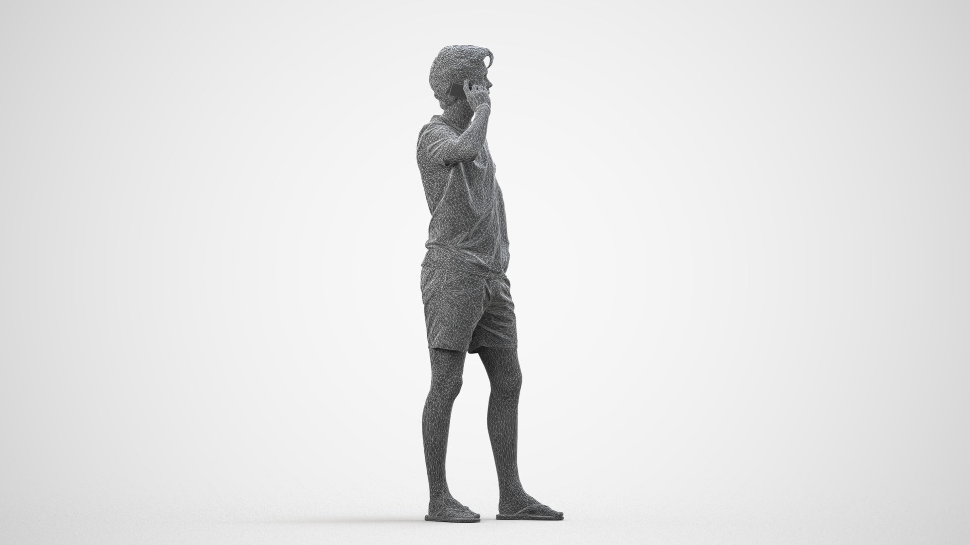 3D human model man casual standing, photogrammetry scanned person for archviz, wireframe side view