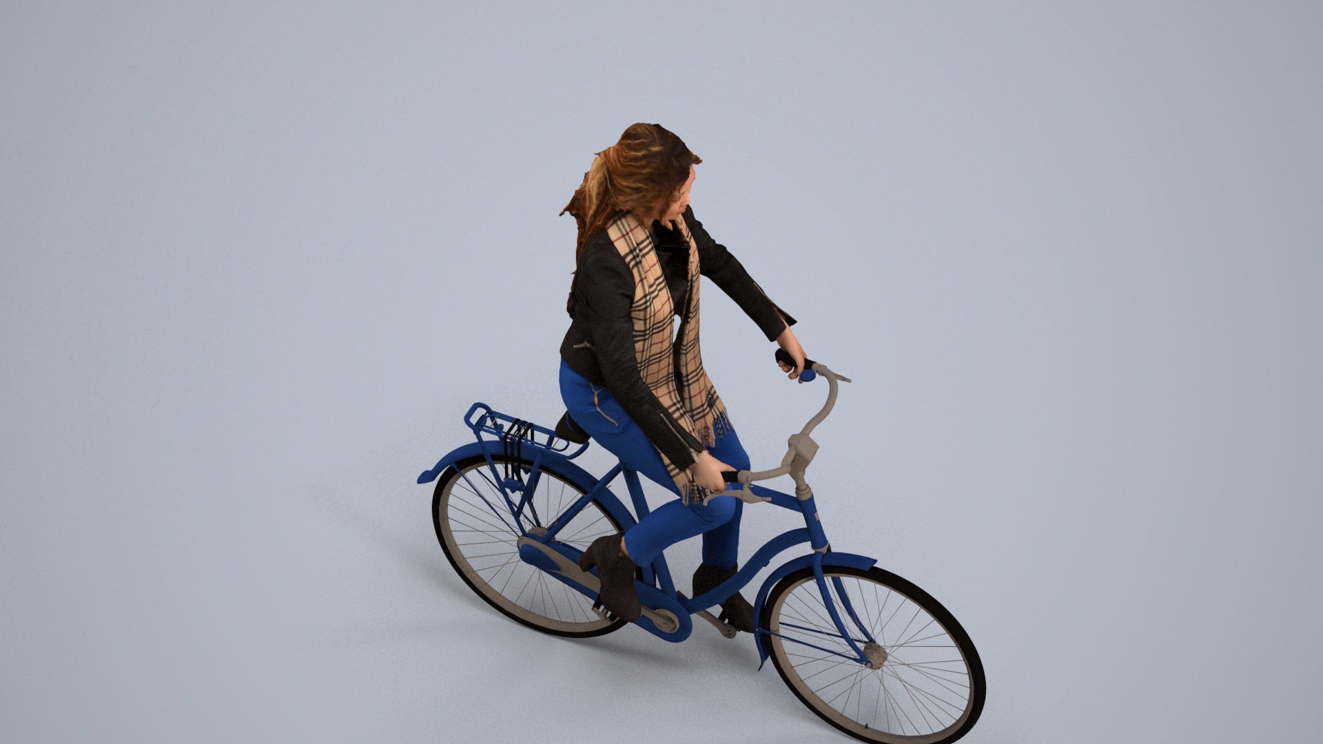 realistic 3D woman casual cycling, scanned archviz people for Blender and 3ds Max, back view render