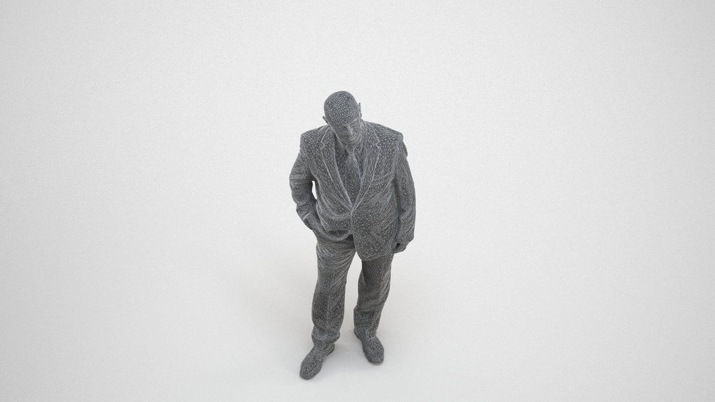 photogrammetry 3D senior man business, realistic human model archviz FBX, wireframe three-quarter view