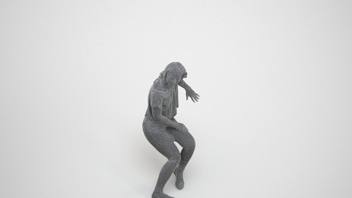 realistic 3D people woman casual sitting, render-ready for V-Ray and Corona, FBX OBJ, wireframe three-quarter view