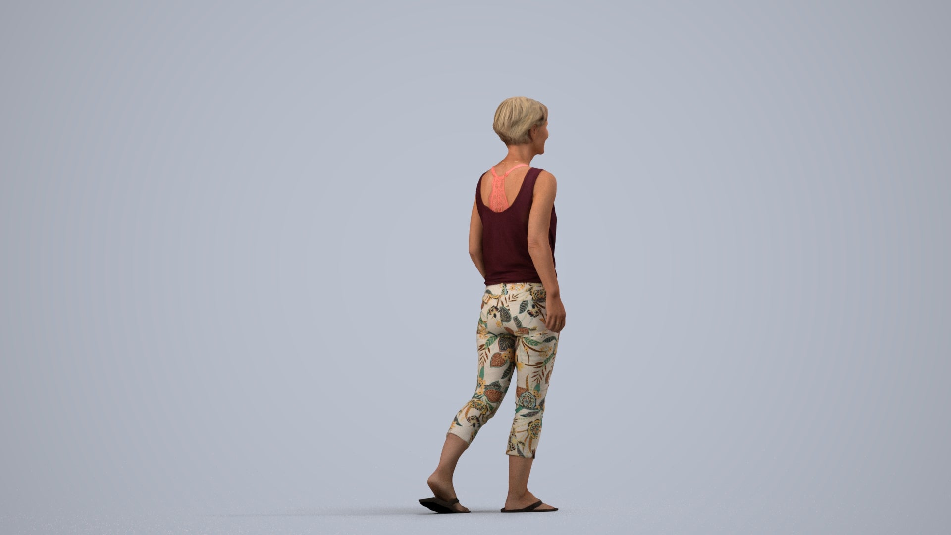3D human model senior woman walking, photogrammetry scanned person for archviz, side view render