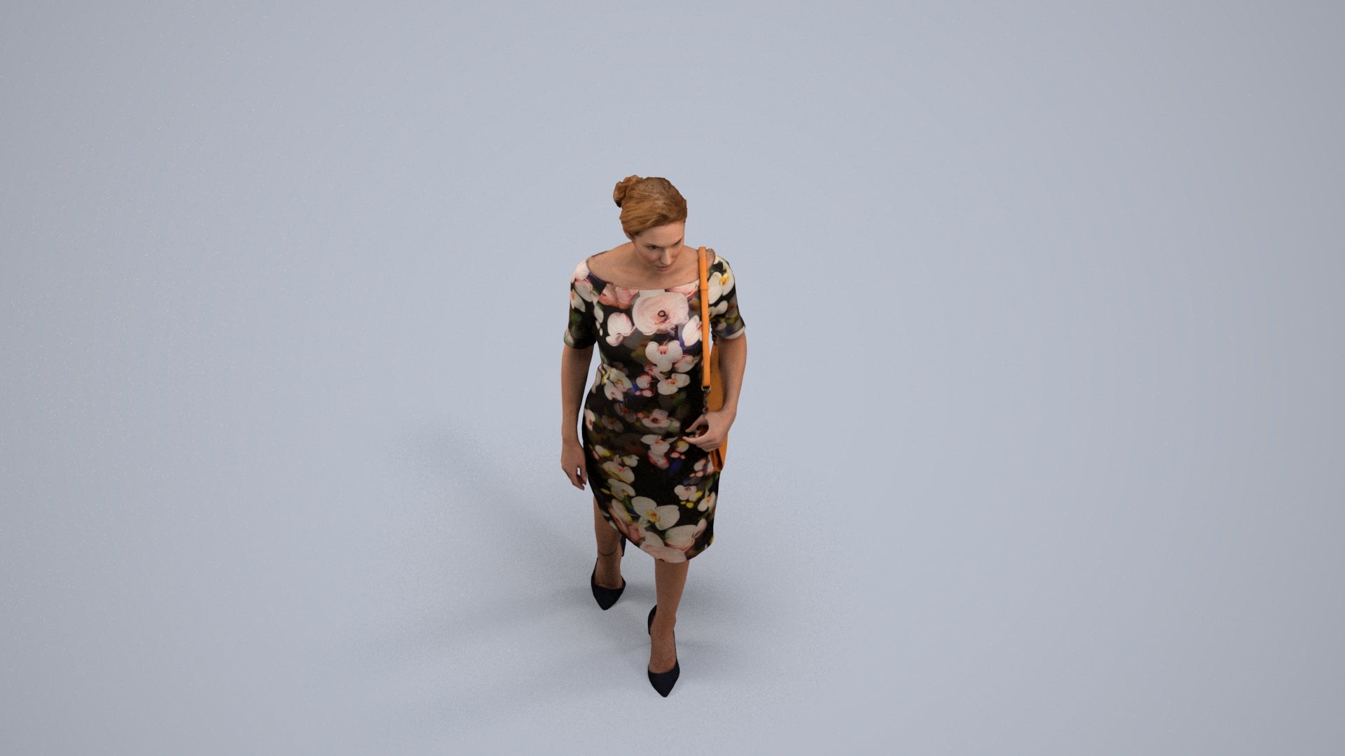 realistic 3D woman casual walking, scanned archviz people for Blender and 3ds Max, back view render