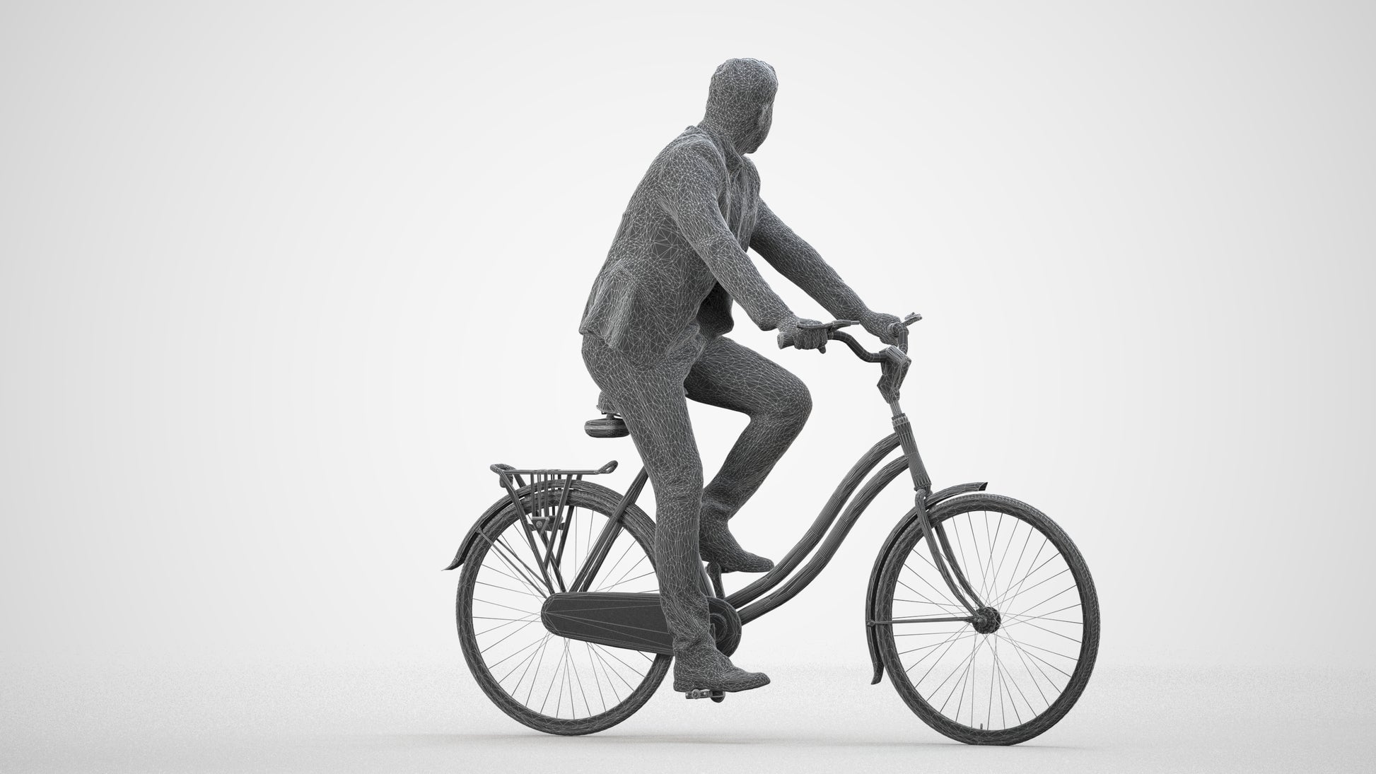 3D human model man business cycling, photogrammetry scanned person for archviz, wireframe side view