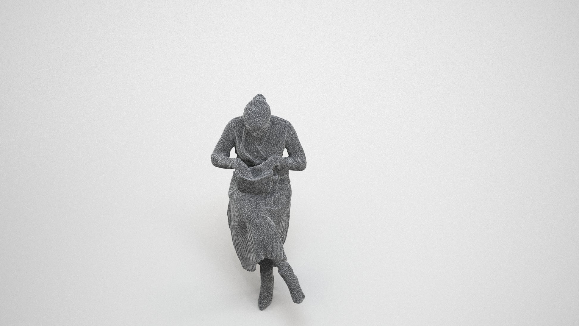 realistic 3D human woman casual sitting, archviz people FBX OBJ for Blender, wireframe three-quarter view