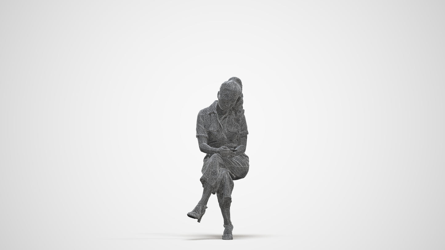 photogrammetry 3D woman formal sitting, realistic human model archviz FBX, three-quarter front view render