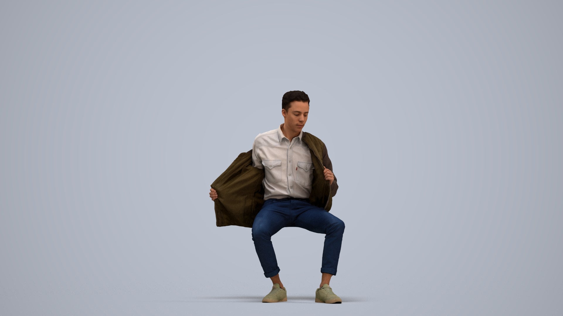 realistic 3D man casual sitting, scanned archviz people for Blender and 3ds Max, standing pose render