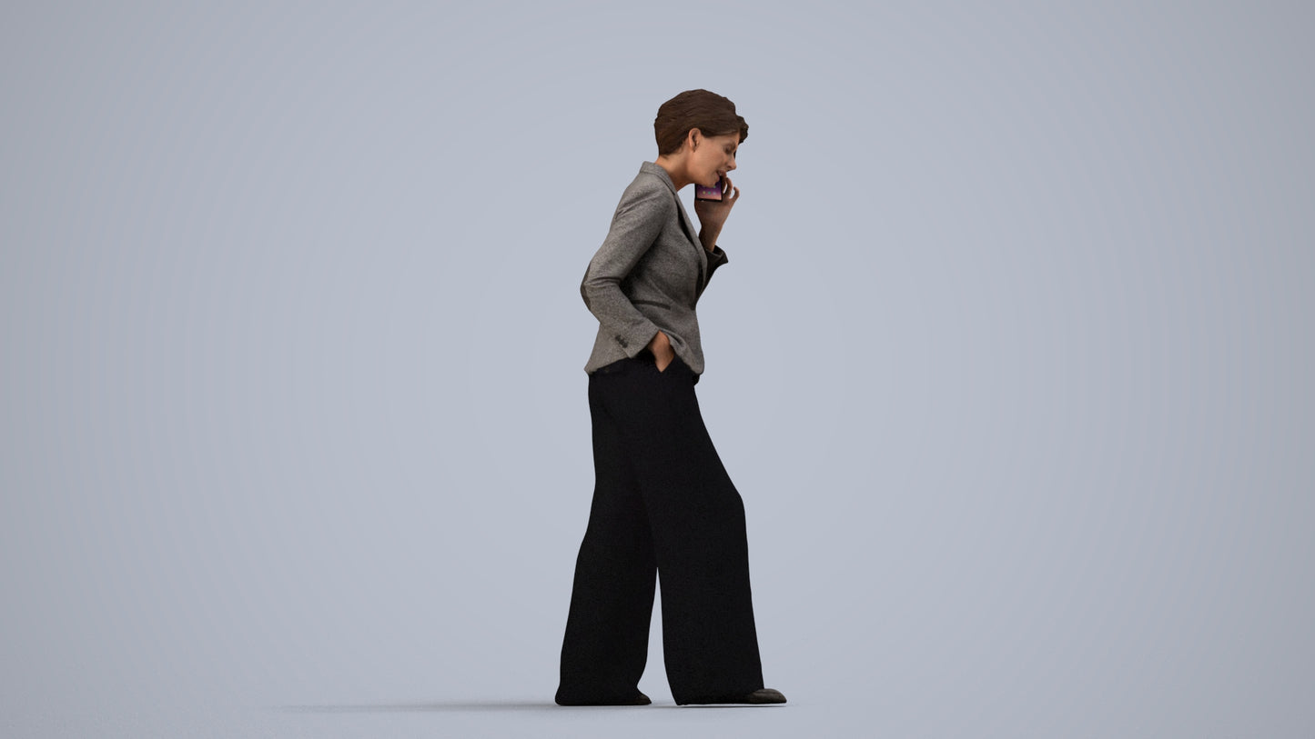 3D human model woman business, photogrammetry scanned person for archviz, side view render