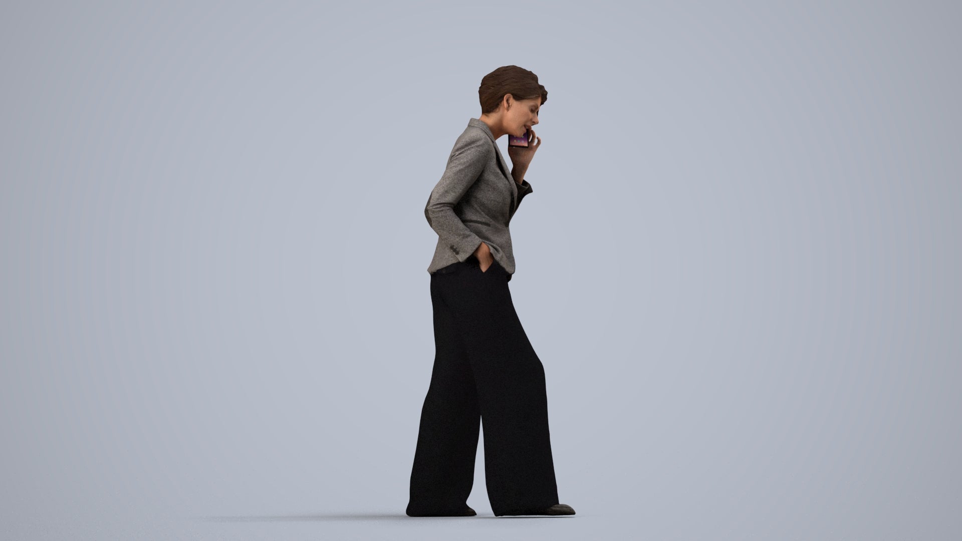 3D human model woman business, photogrammetry scanned person for archviz, side view render