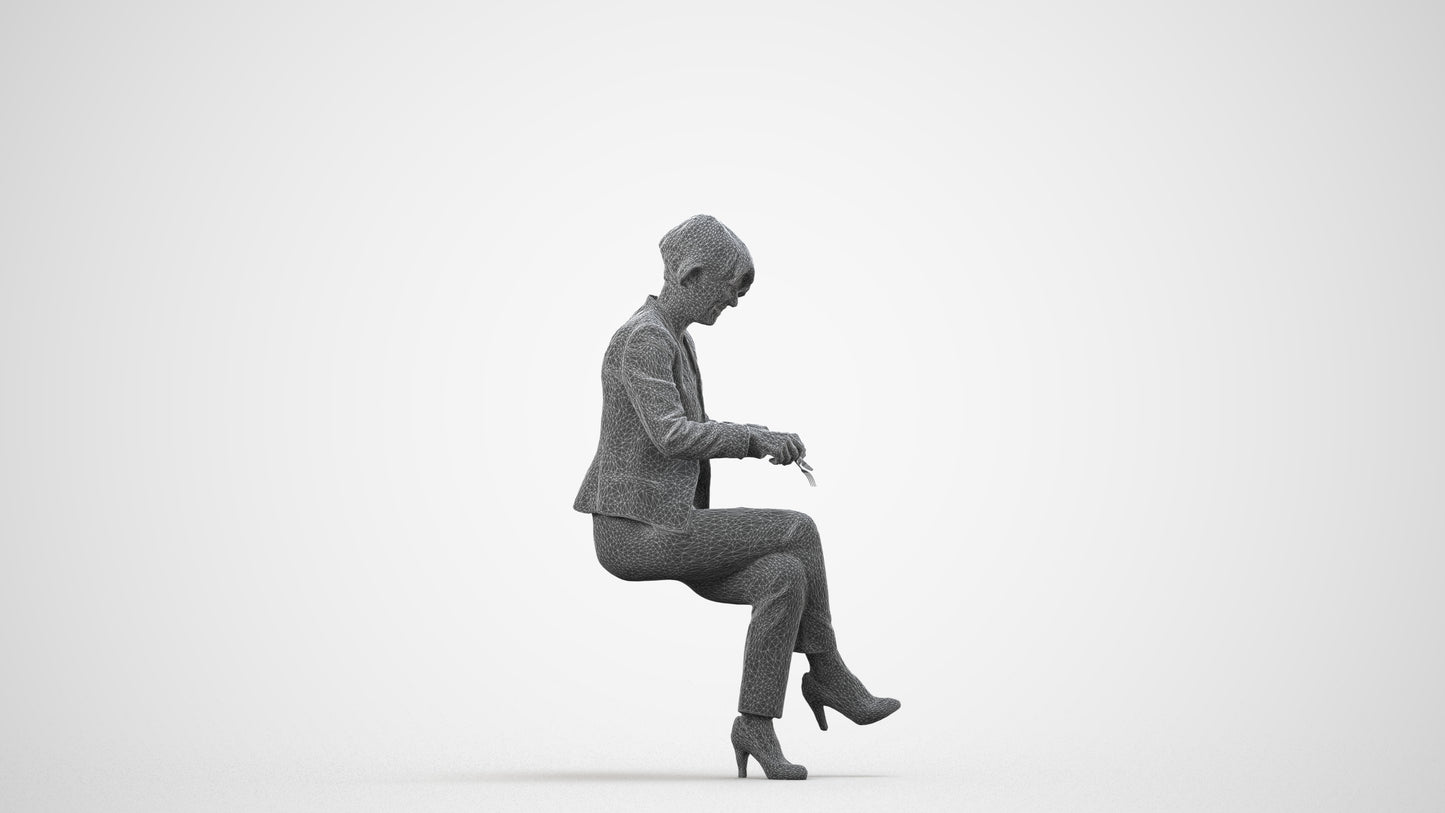 realistic 3D human senior woman business sitting, archviz people FBX OBJ for Blender, wireframe side view