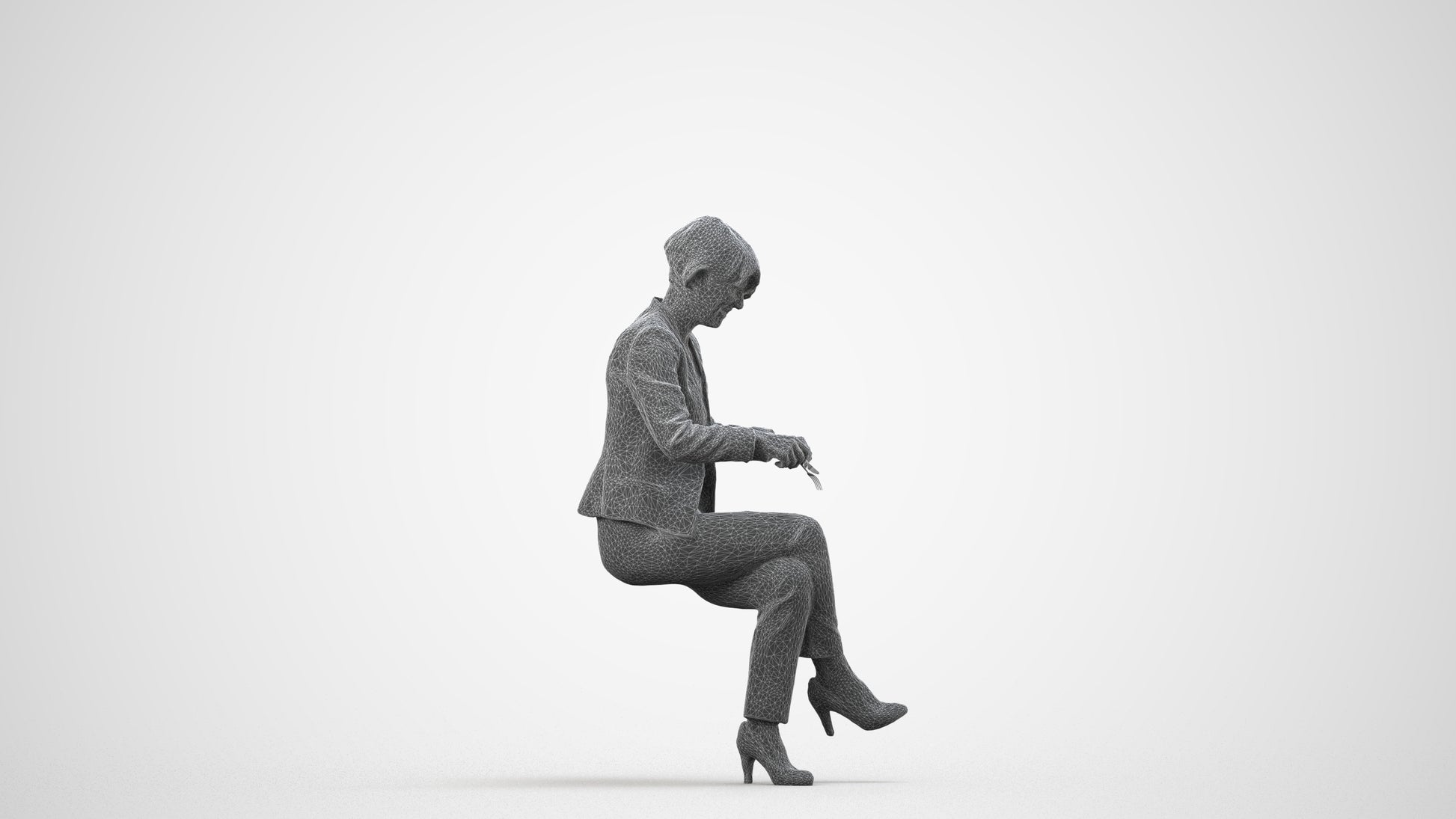 realistic 3D human senior woman business sitting, archviz people FBX OBJ for Blender, wireframe side view