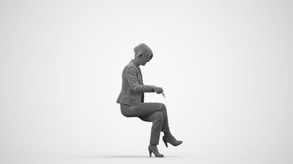 realistic 3D human senior woman business sitting, archviz people FBX OBJ for Blender, wireframe side view