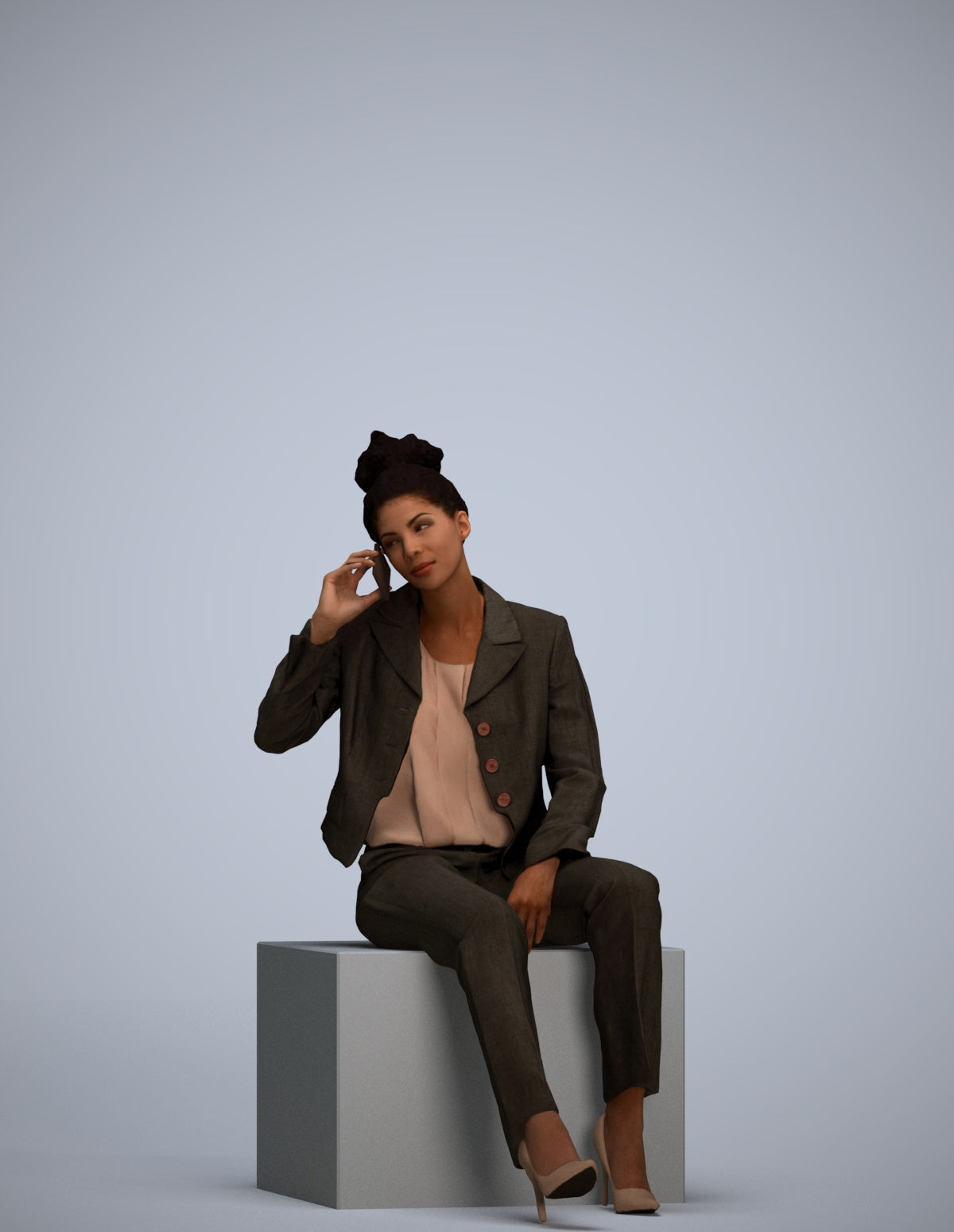 3D human model woman business sitting, photogrammetry scanned person for archviz