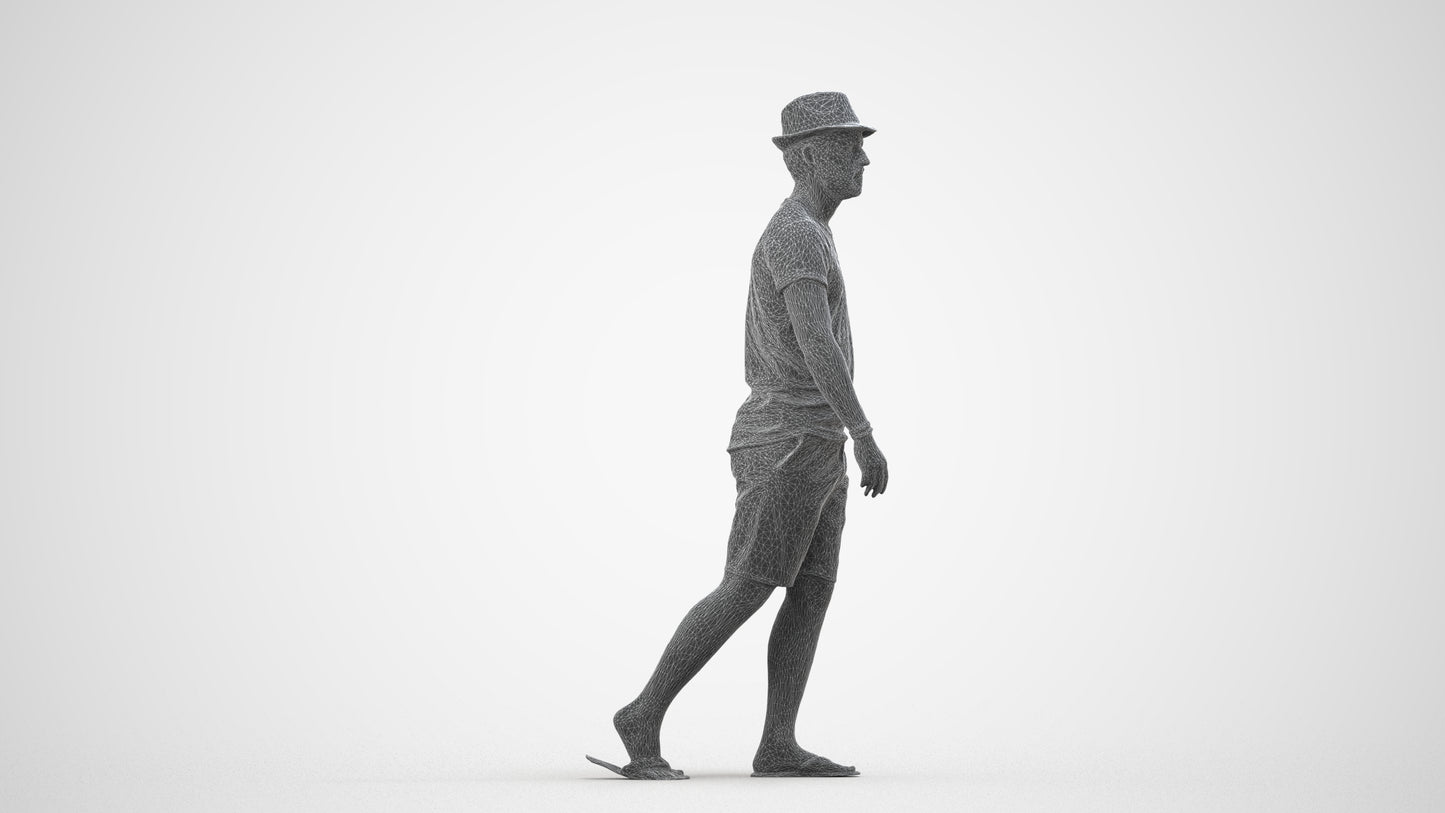 3D people model man casual walking, scanned human for 3ds Max rendering, wireframe side view