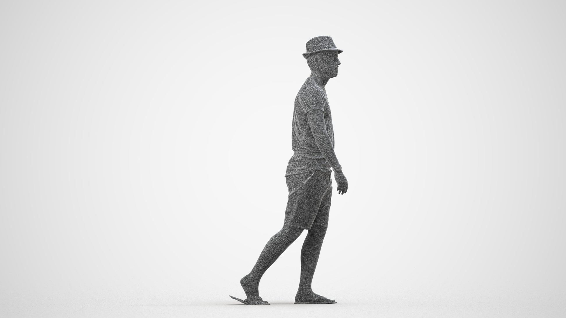3D people model man casual walking, scanned human for 3ds Max rendering, wireframe side view