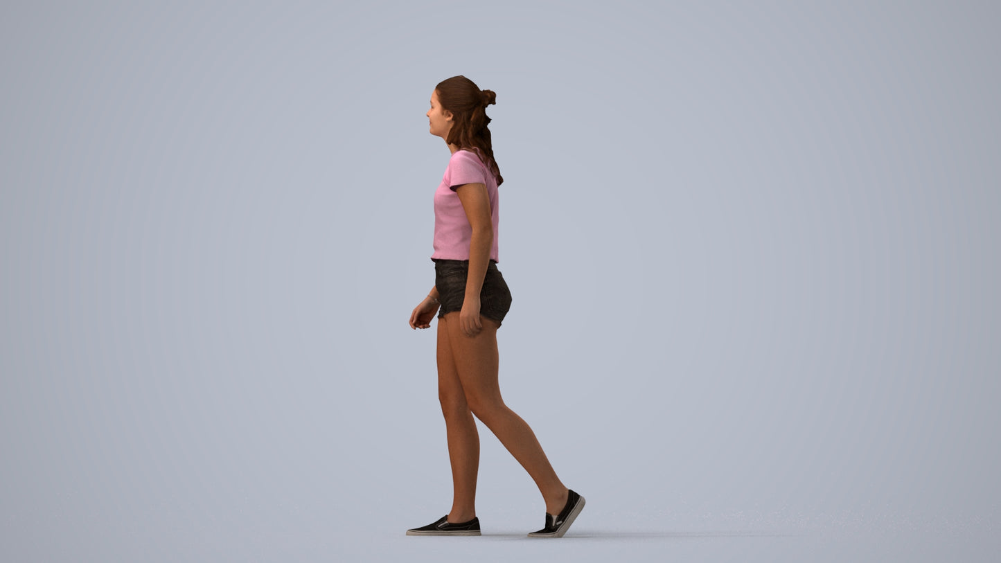 photogrammetry 3D girl casual standing, realistic human model archviz FBX, three-quarter view render