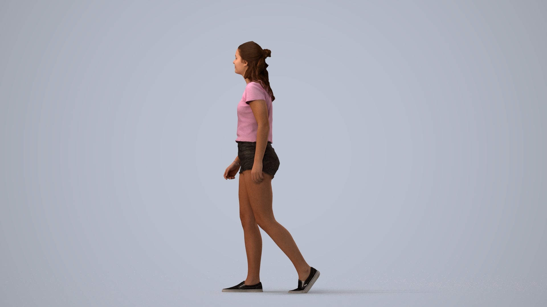 photogrammetry 3D girl casual standing, realistic human model archviz FBX, three-quarter view render