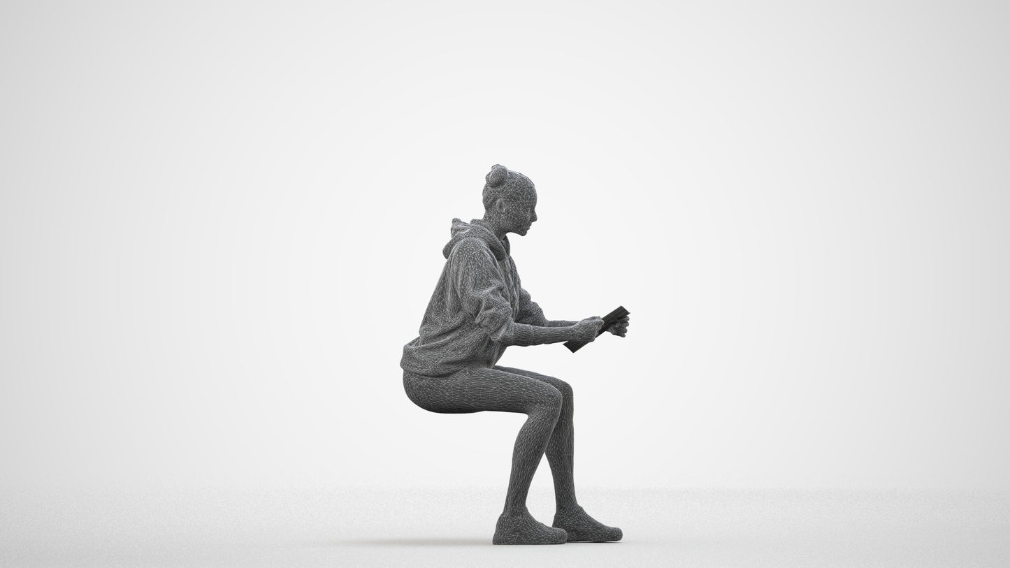 scanned 3D woman casual sitting, photogrammetry people for Enscape and V-Ray, wireframe side view