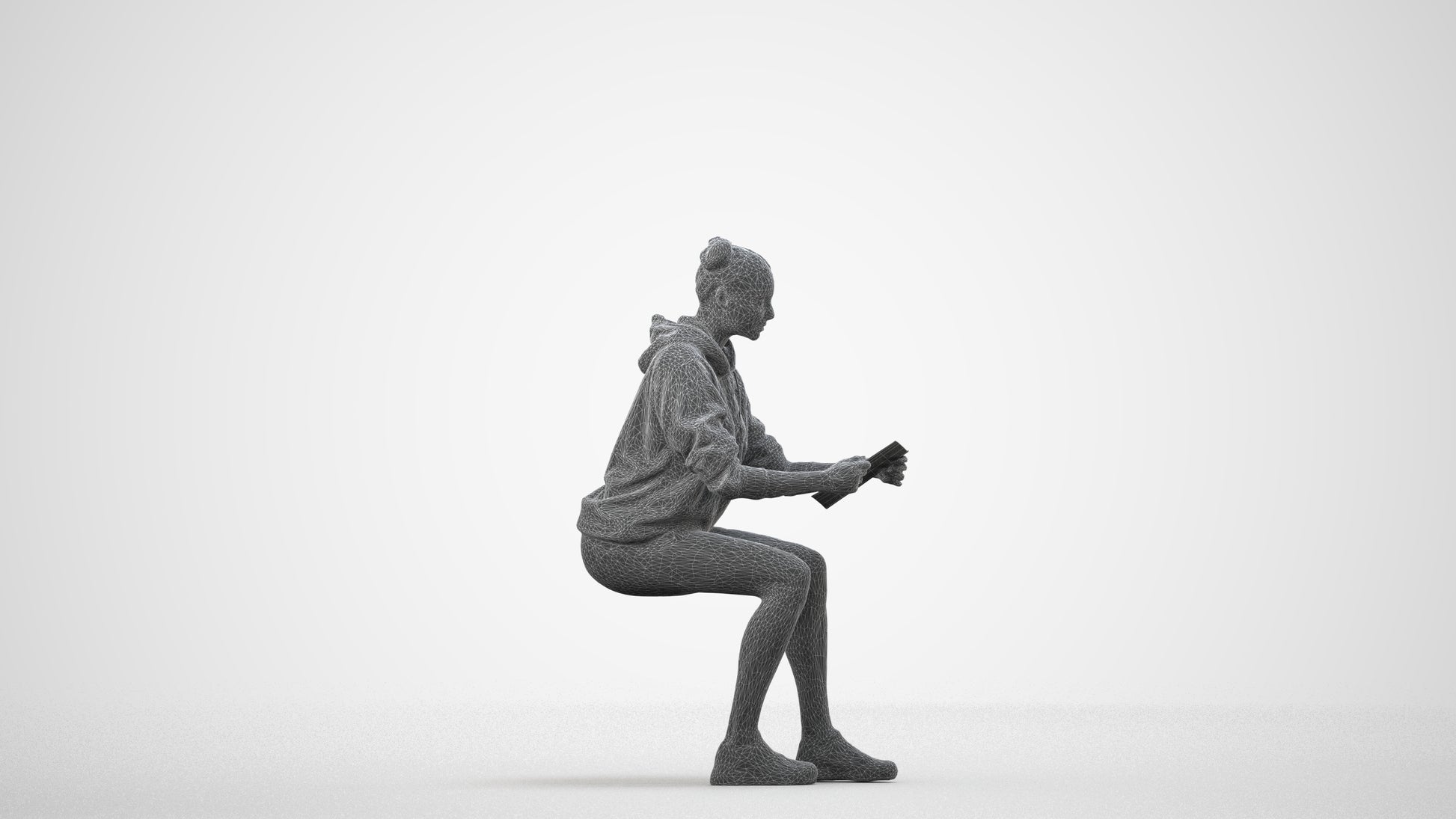 scanned 3D woman casual sitting, photogrammetry people for Enscape and V-Ray, wireframe side view