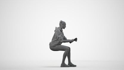 scanned 3D woman casual sitting, photogrammetry people for Enscape and V-Ray, wireframe side view