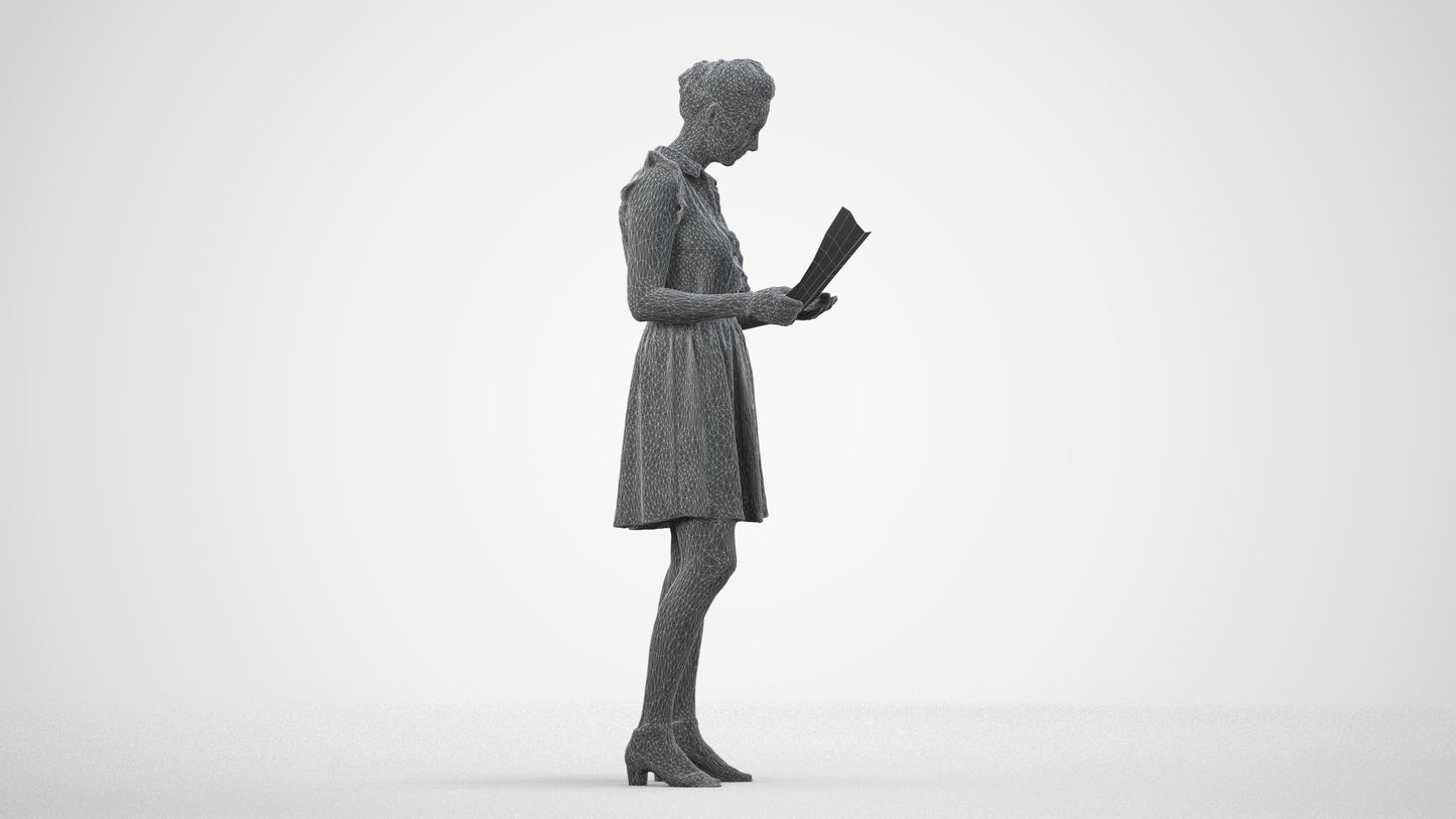 realistic 3D people woman casual standing, render-ready for V-Ray and Corona, FBX OBJ, wireframe side view