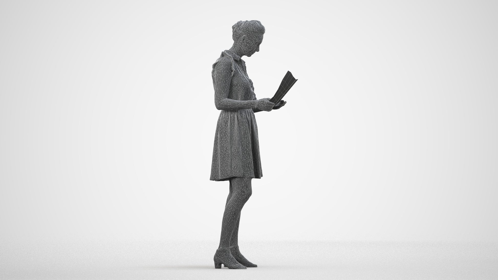 realistic 3D people woman casual standing, render-ready for V-Ray and Corona, FBX OBJ, wireframe side view