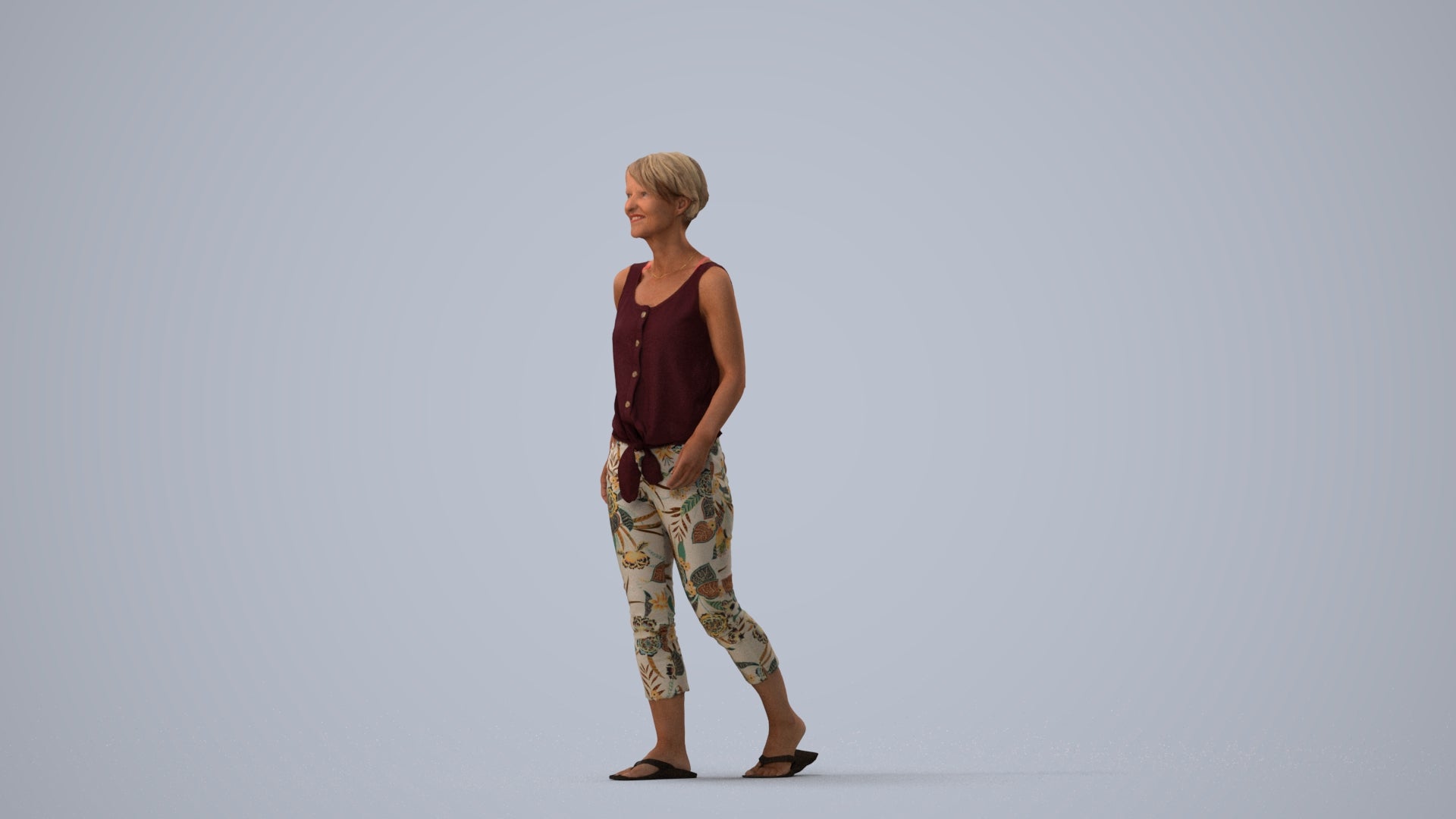 3D human model senior woman walking, photogrammetry scanned person for archviz, three-quarter view render
