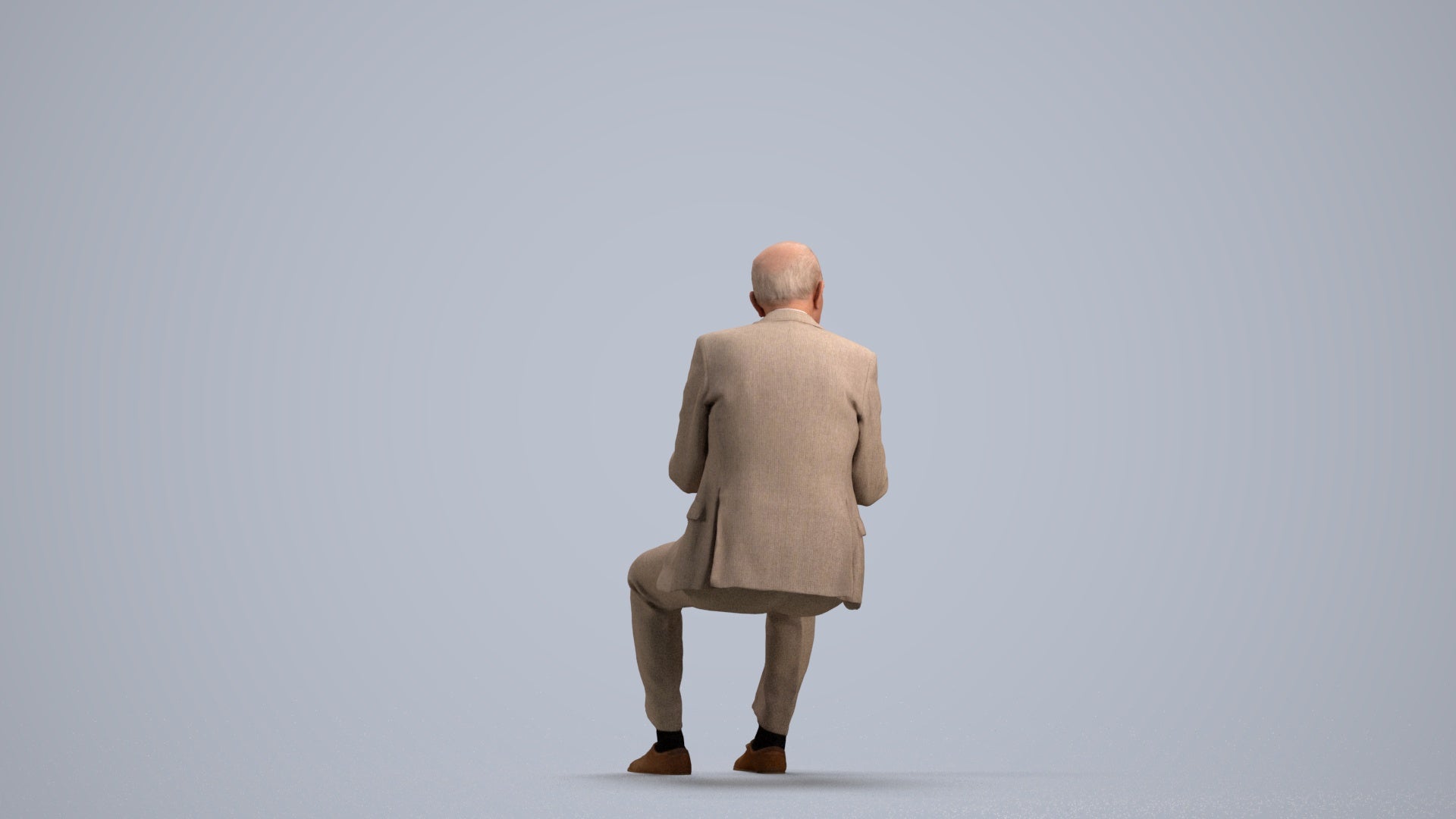 realistic 3D senior man business sitting, scanned archviz people for Blender and 3ds Max, front view render