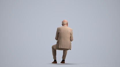 realistic 3D senior man business sitting, scanned archviz people for Blender and 3ds Max, front view render