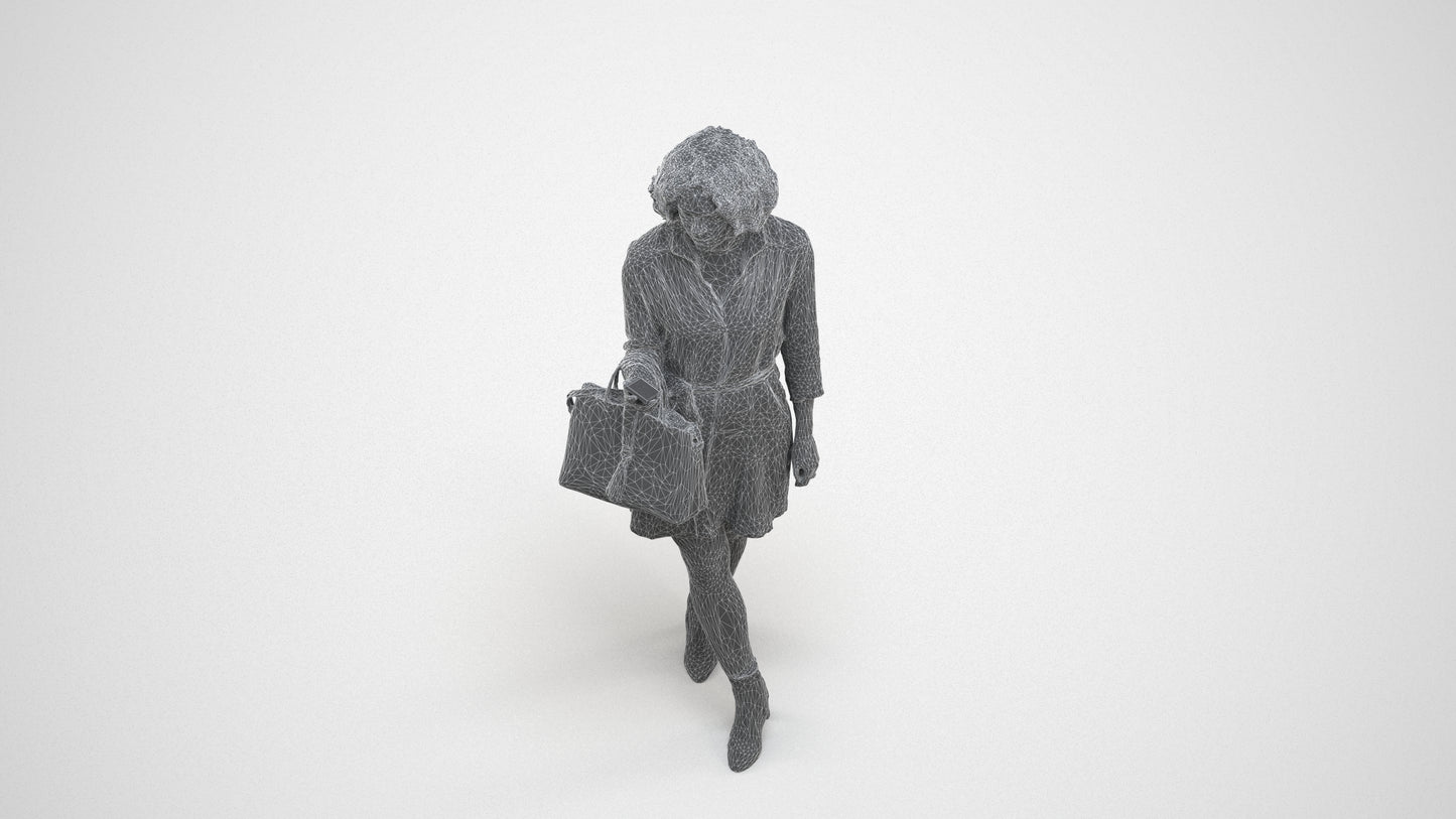 photogrammetry 3D woman casual walking, realistic human model archviz FBX, wireframe three-quarter view