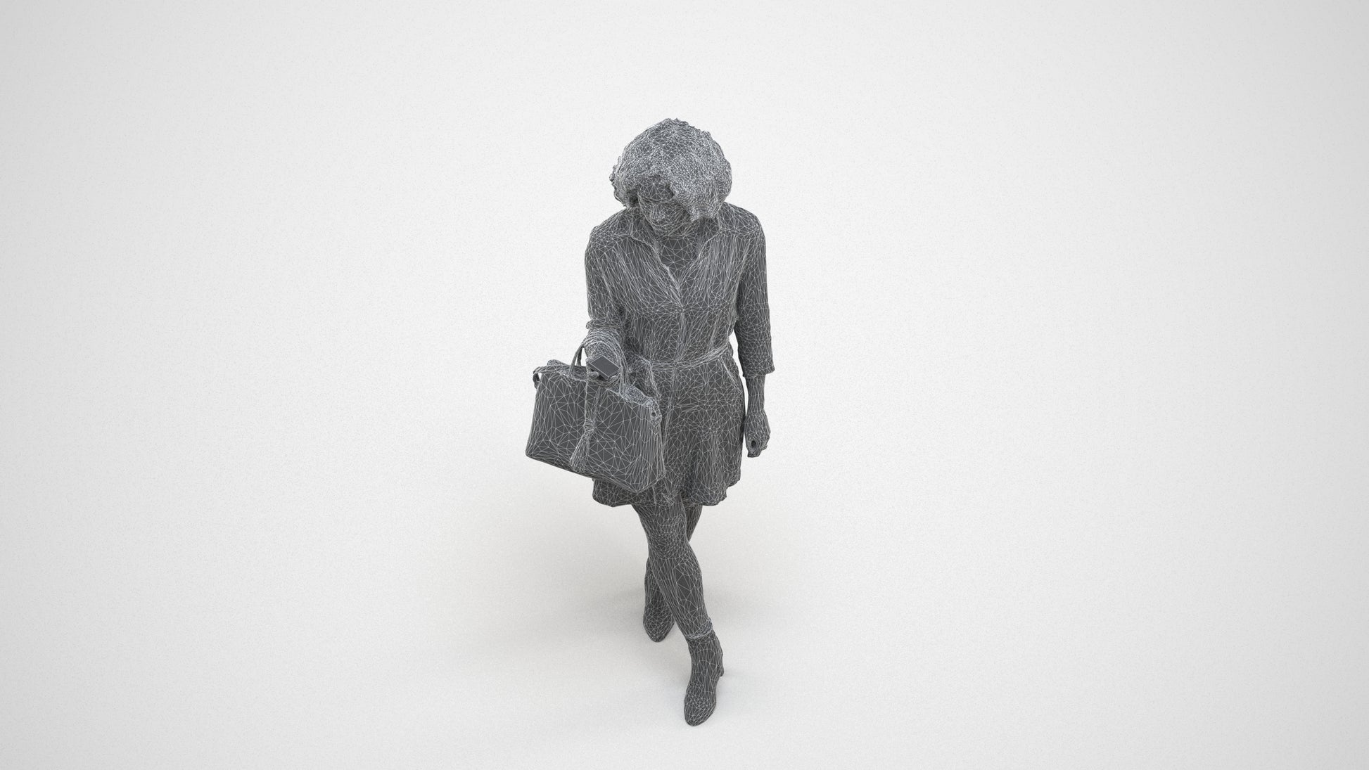 photogrammetry 3D woman casual walking, realistic human model archviz FBX, wireframe three-quarter view