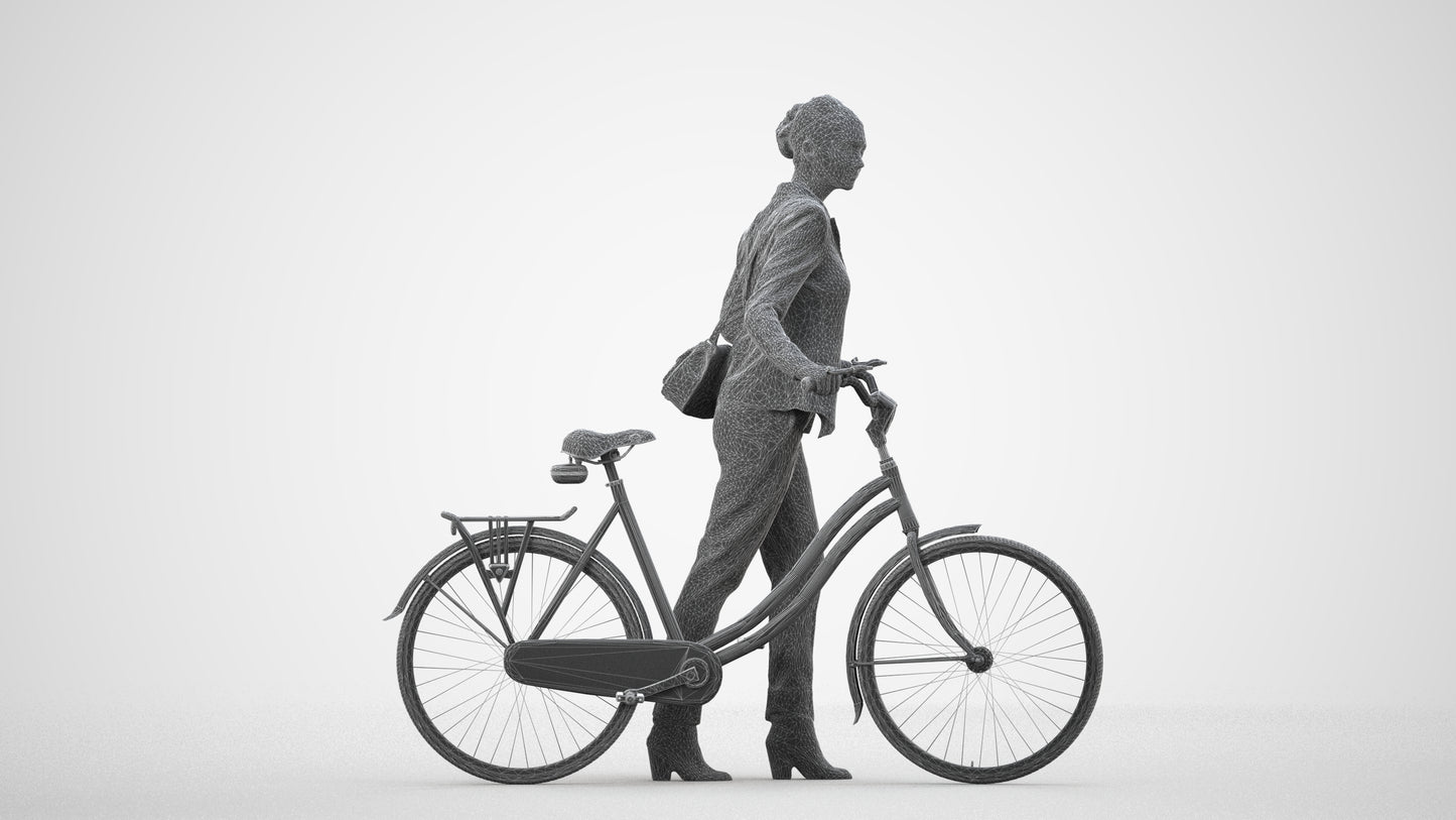 realistic 3D human woman business cycling, archviz people FBX OBJ for Blender, wireframe side view