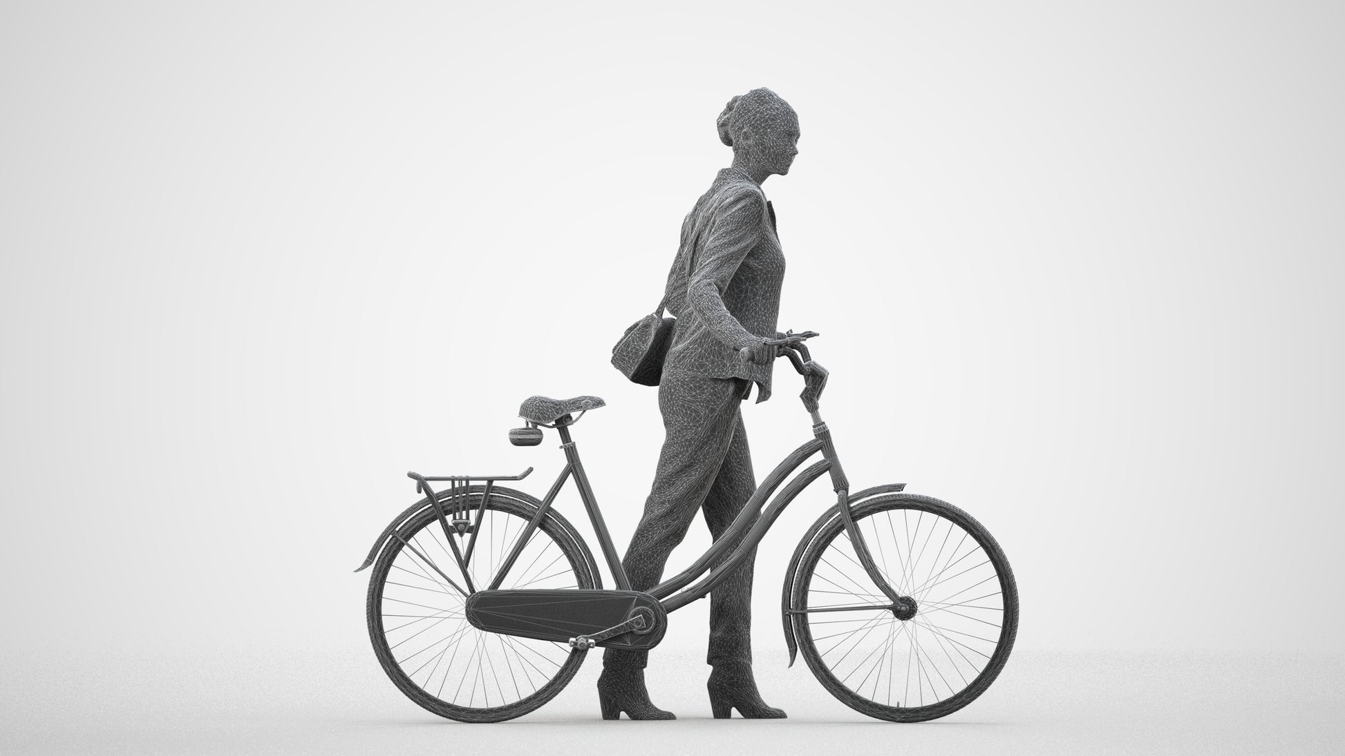 realistic 3D human woman business cycling, archviz people FBX OBJ for Blender, wireframe side view