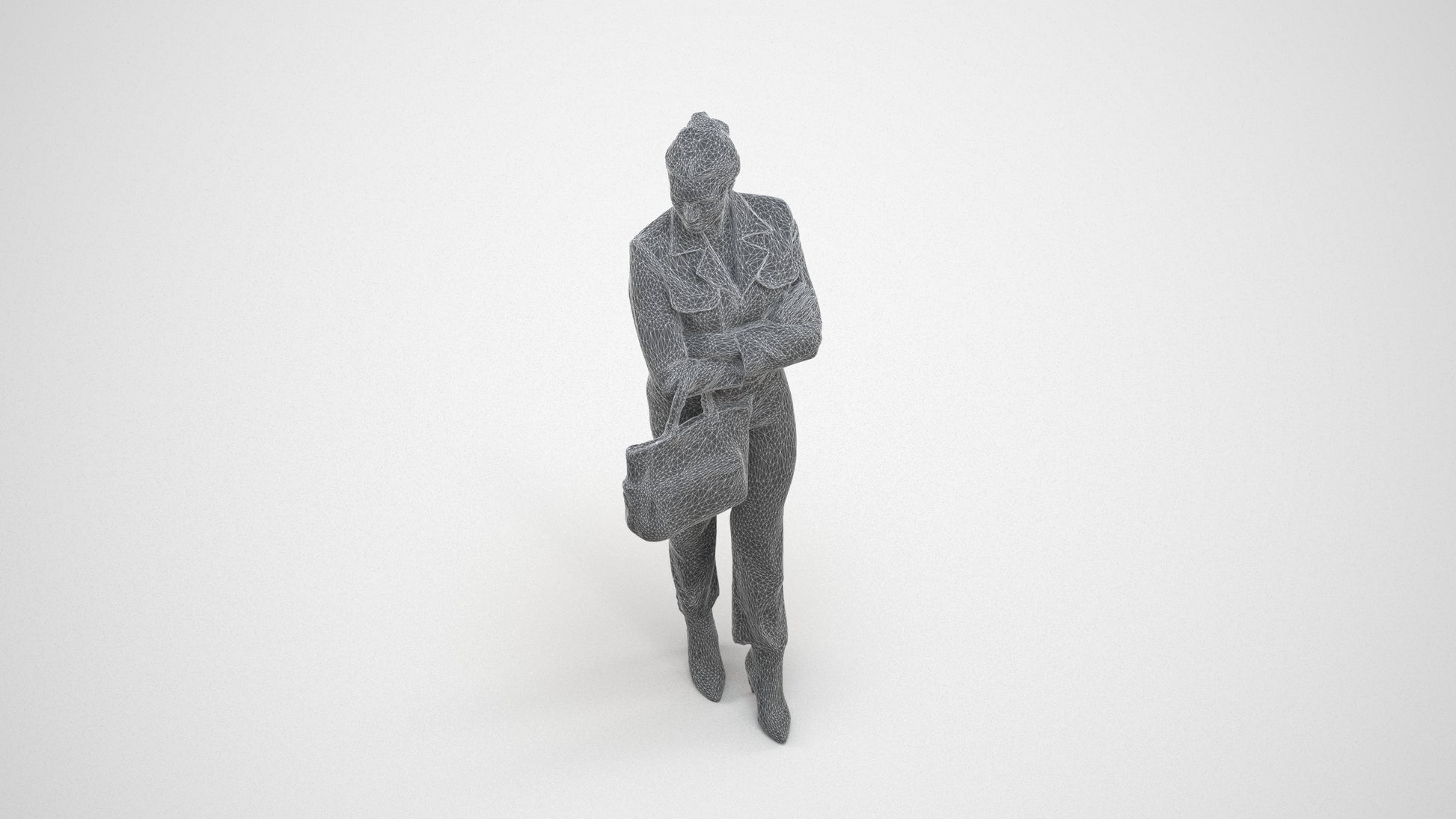 3D human model woman business standing, photogrammetry scanned person for archviz, wireframe three-quarter view