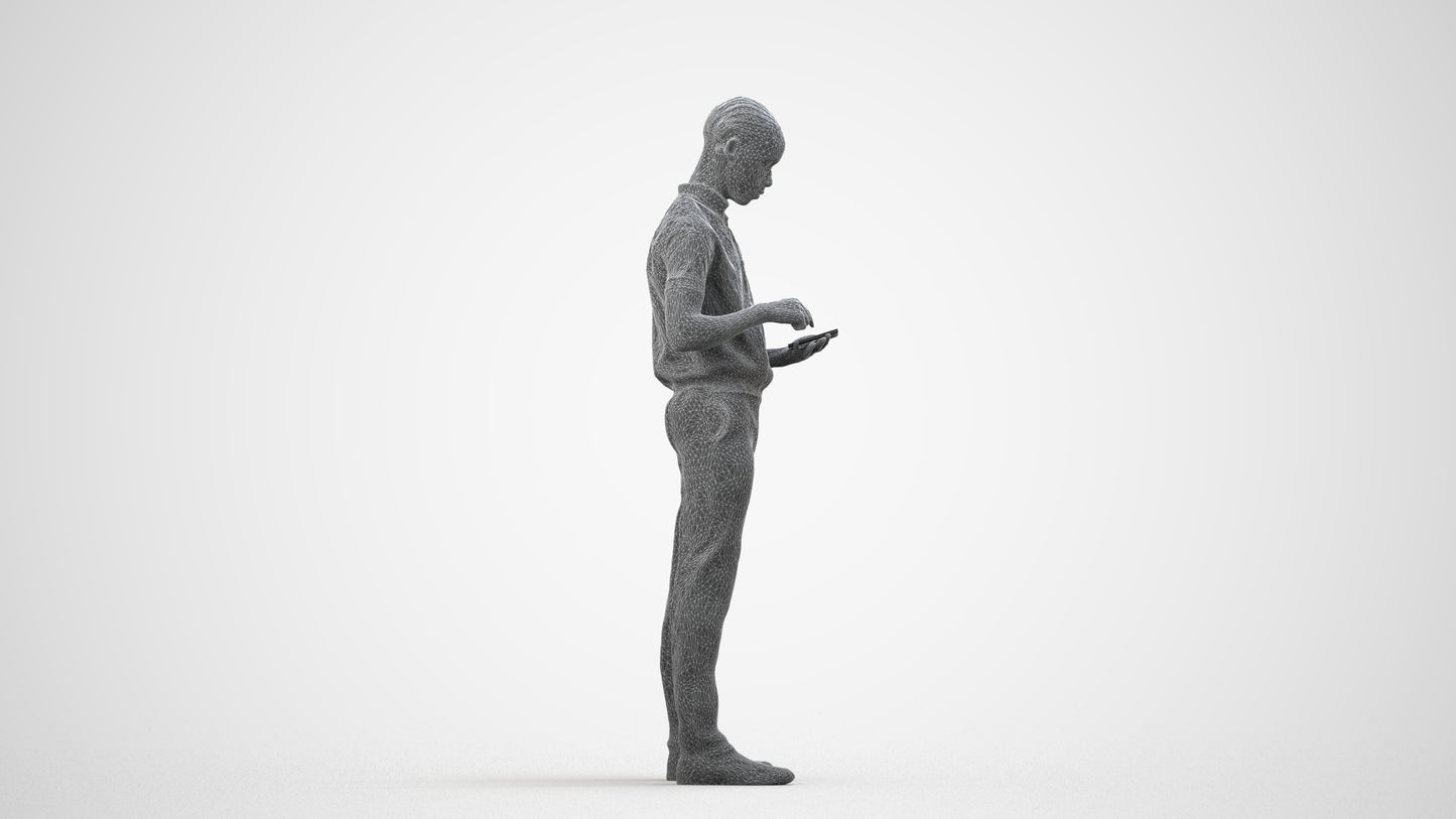 3D human model boy hospitality, photogrammetry scanned person for archviz, wireframe side view
