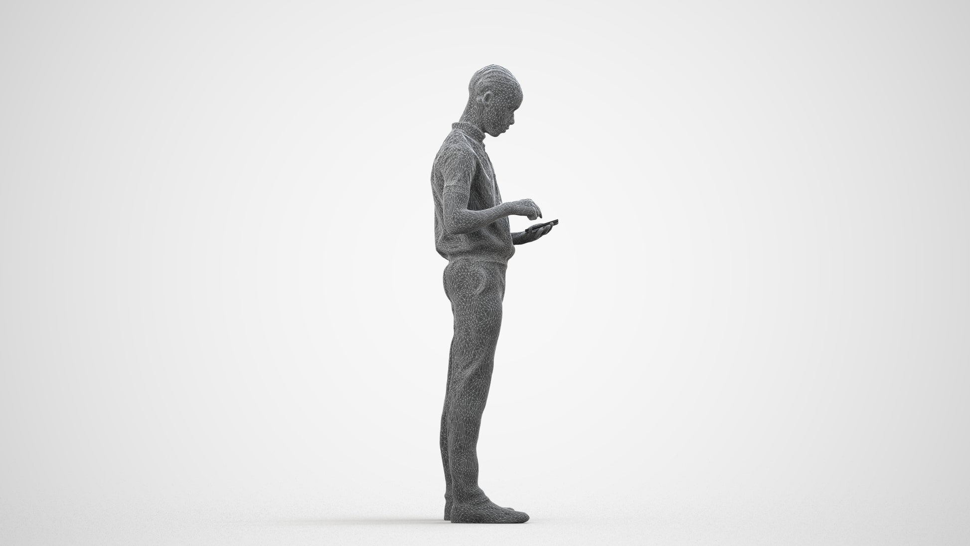 3D human model boy hospitality, photogrammetry scanned person for archviz, wireframe side view