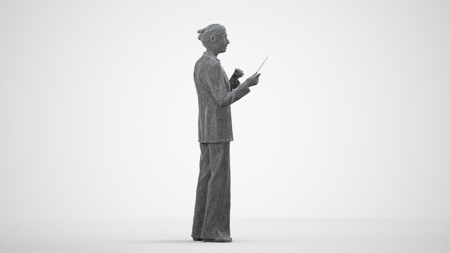 3D scanned senior woman business, photorealistic archviz people for Enscape and SketchUp, wireframe side view