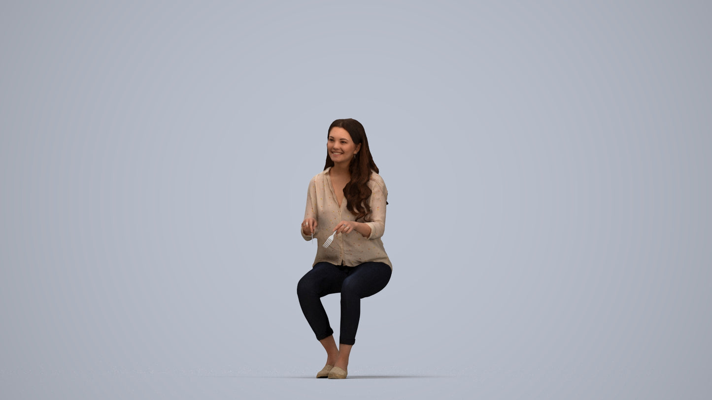 scanned 3D woman casual sitting, photogrammetry people for Enscape and V-Ray, top-down view render