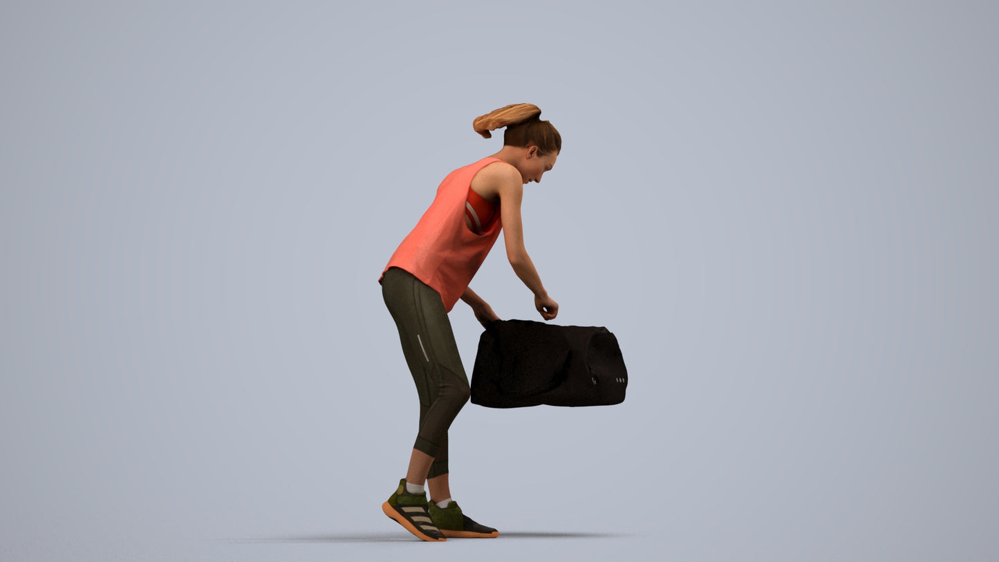 3D human model woman sport, photogrammetry scanned person for archviz, side view render