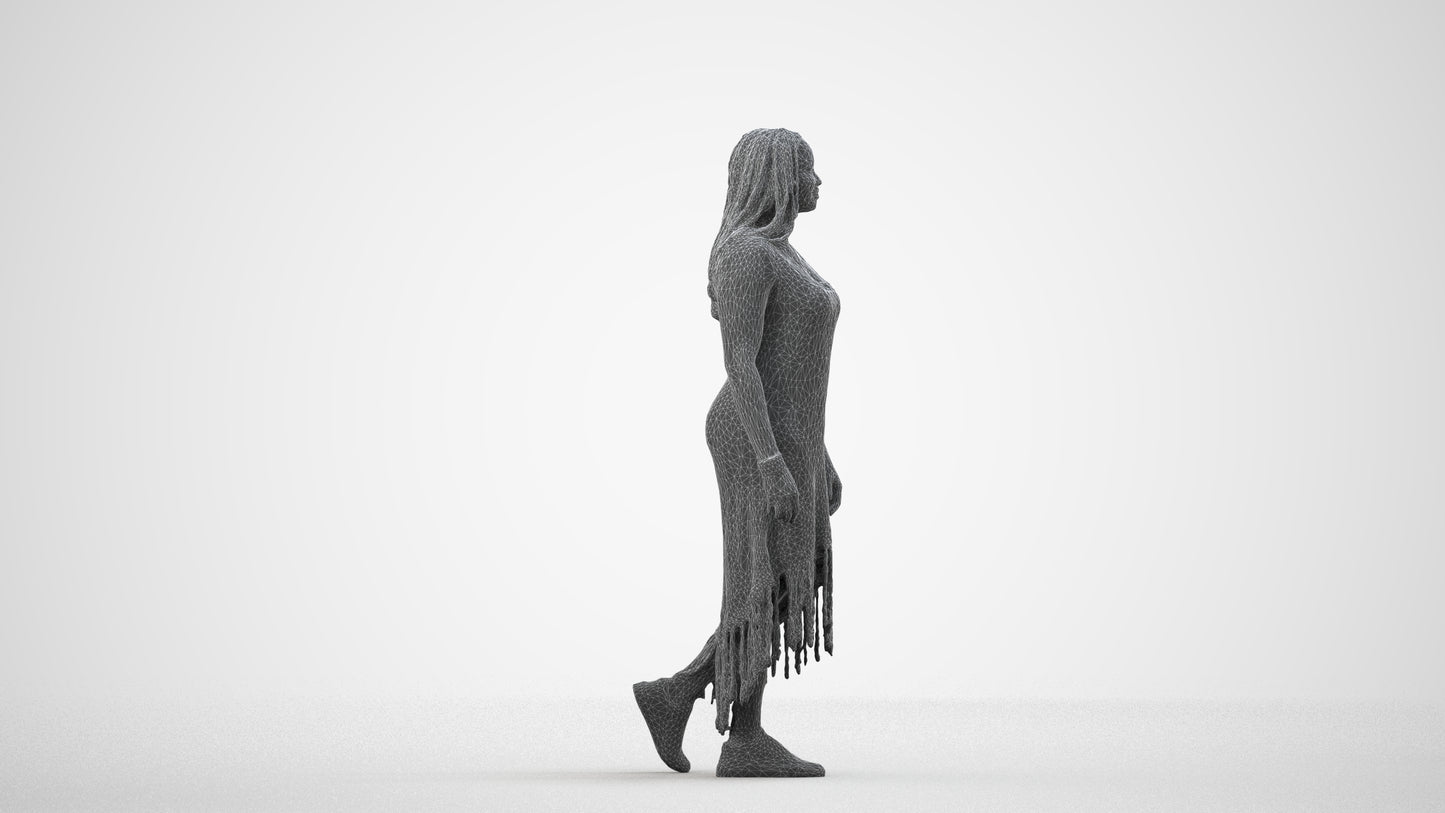 3D human model woman casual standing, photogrammetry scanned person for archviz, wireframe side view