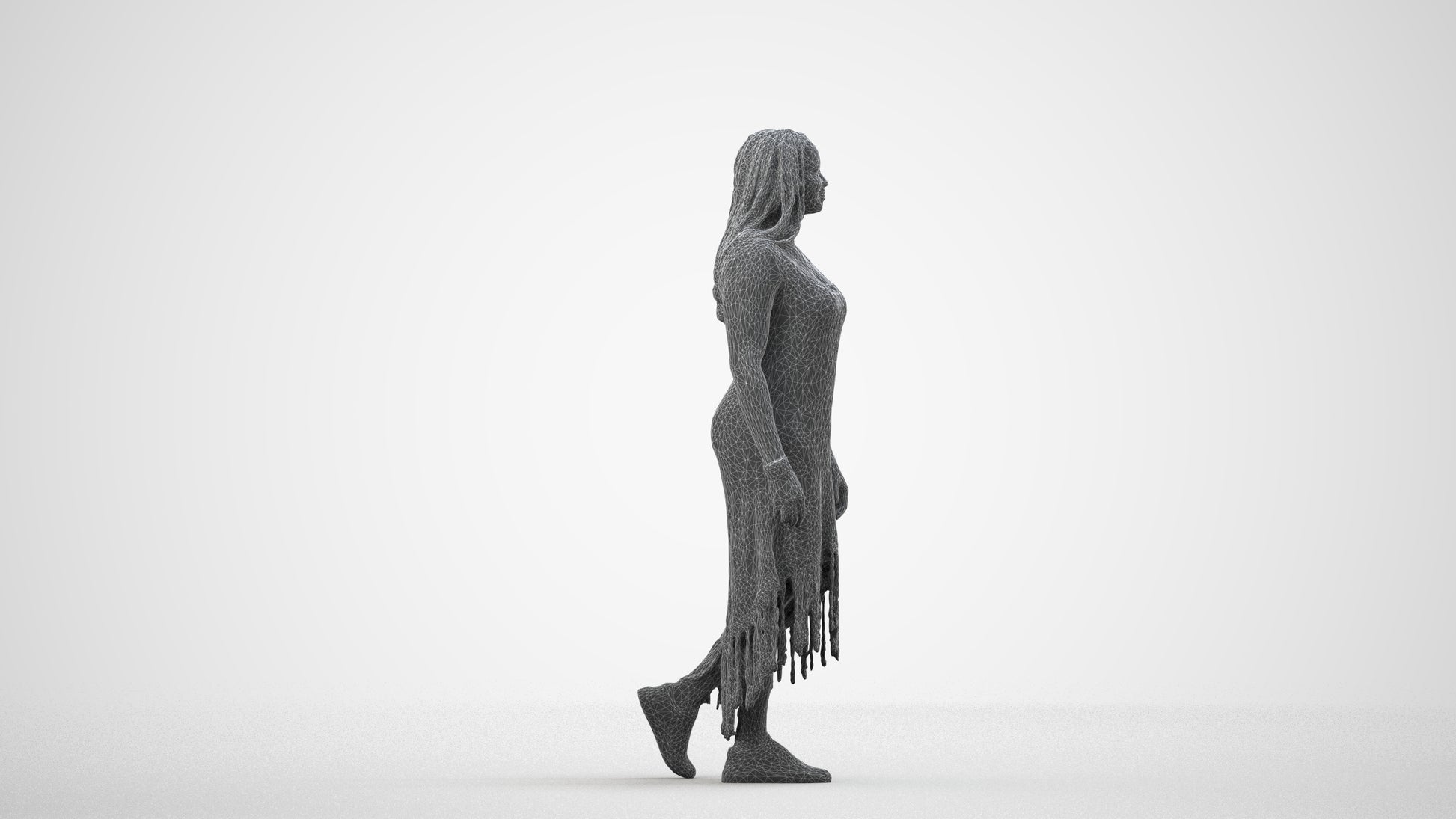 3D human model woman casual standing, photogrammetry scanned person for archviz, wireframe side view