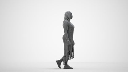 3D human model woman casual standing, photogrammetry scanned person for archviz, wireframe side view