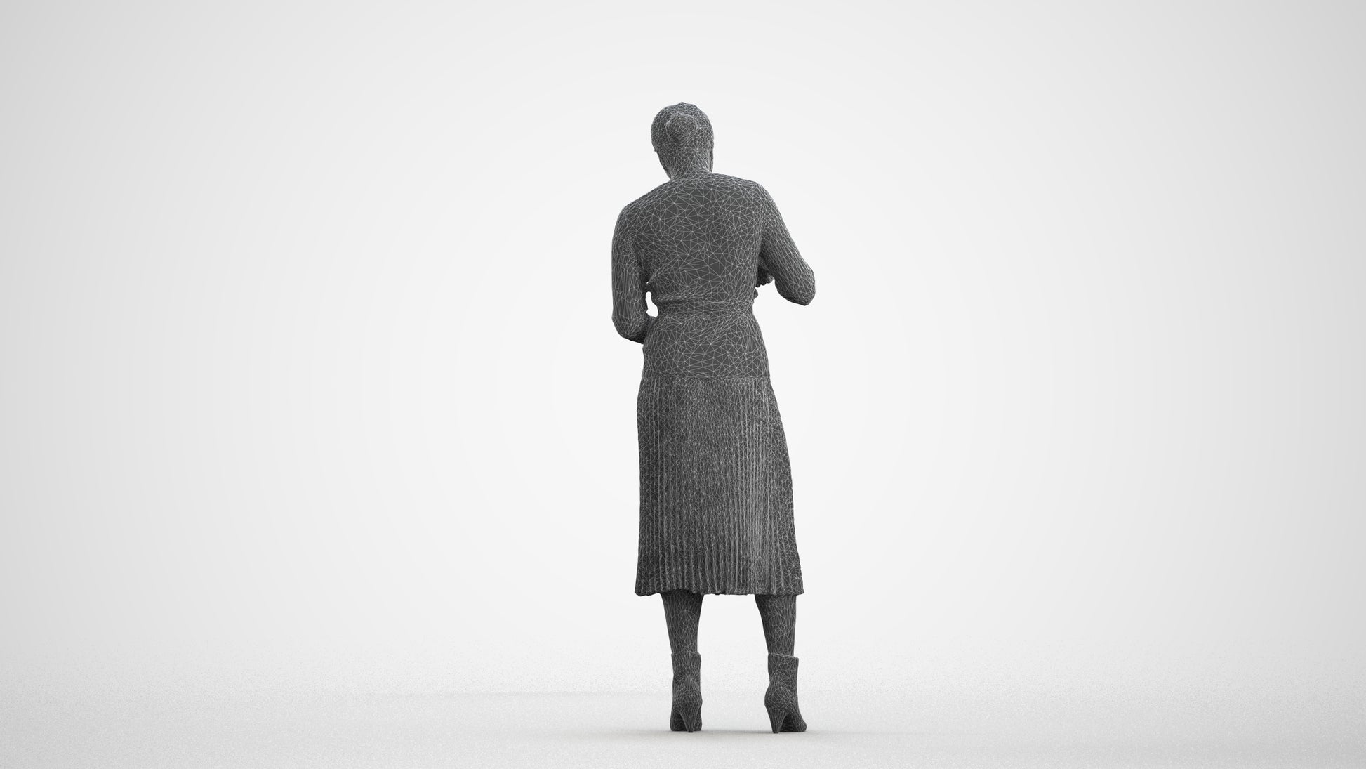 realistic 3D woman casual standing, scanned archviz people for Blender and 3ds Max, wireframe front view