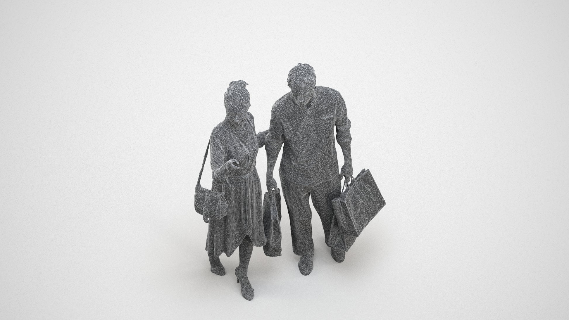photogrammetry 3D man casual shopping, realistic human model archviz FBX, wireframe three-quarter view